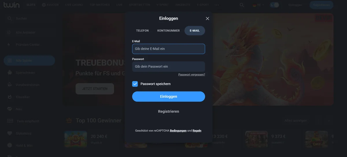 Login-Fenster von Twin mit den Reitern Telefon, Kontonummer und E-Mail