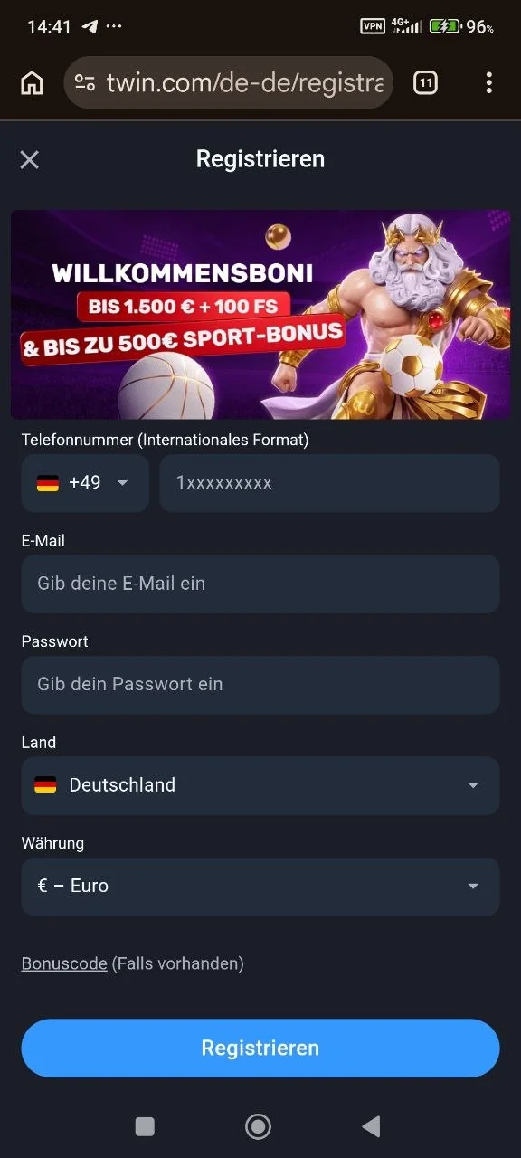 Registrierungsformular von Twin auf dem Smartphone mit Telefonnummer, E-Mail, Passwort, Land und Währung
