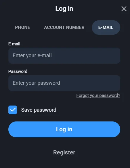 Twin log in window with the phone, account number and e-mail tabs