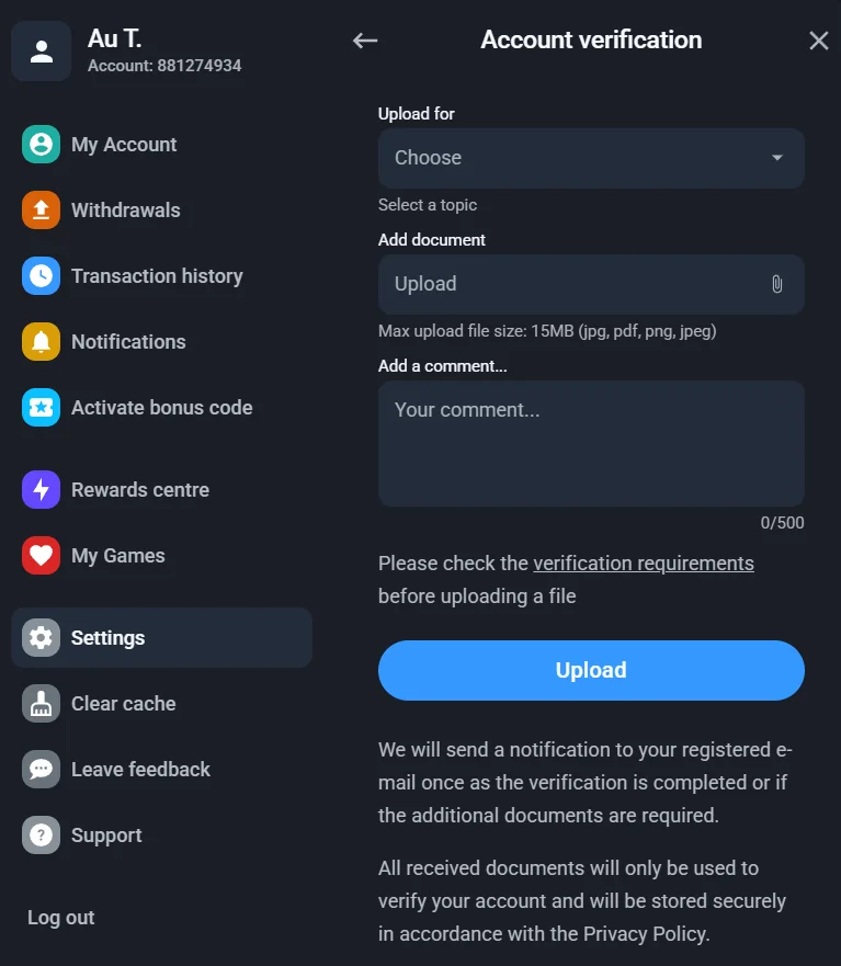 Account verification screen with the document upload form and the account menu