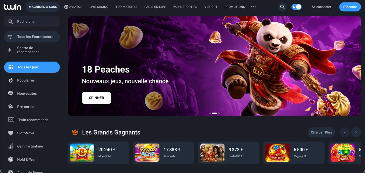 Page d’accueil de Twin avec les boutons « Se connecter » et « S’inscrire » en haut à droite