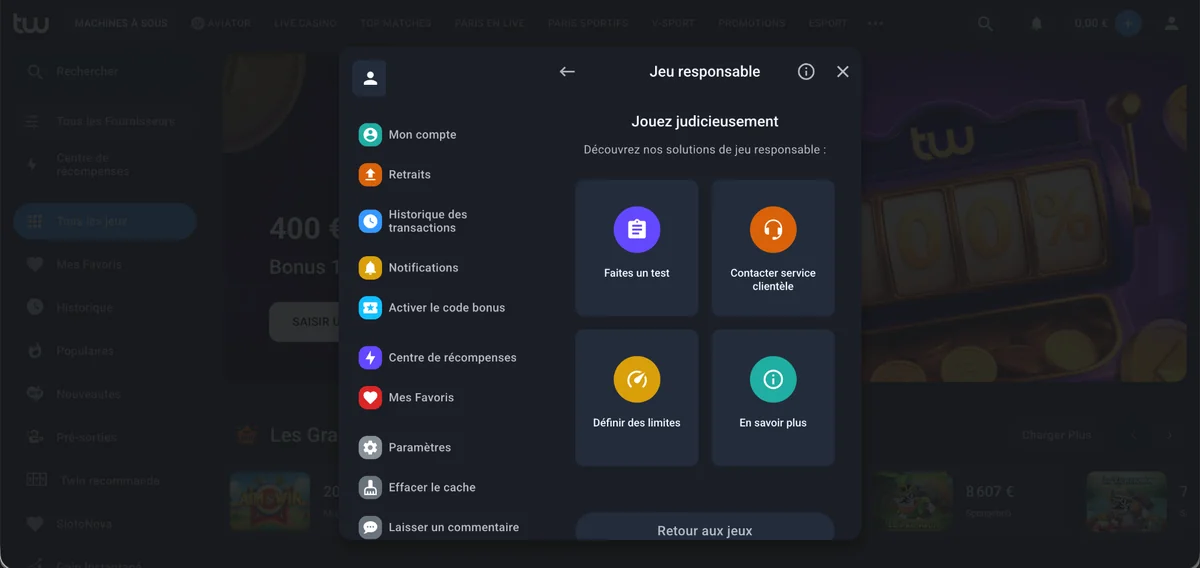 Section jeu responsable du compte avec le test, les limites et le contact du service client