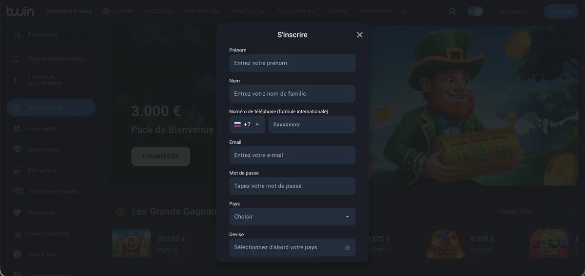 Formulaire d’inscription Twin avec les champs nom, téléphone, e-mail, mot de passe, pays et devise