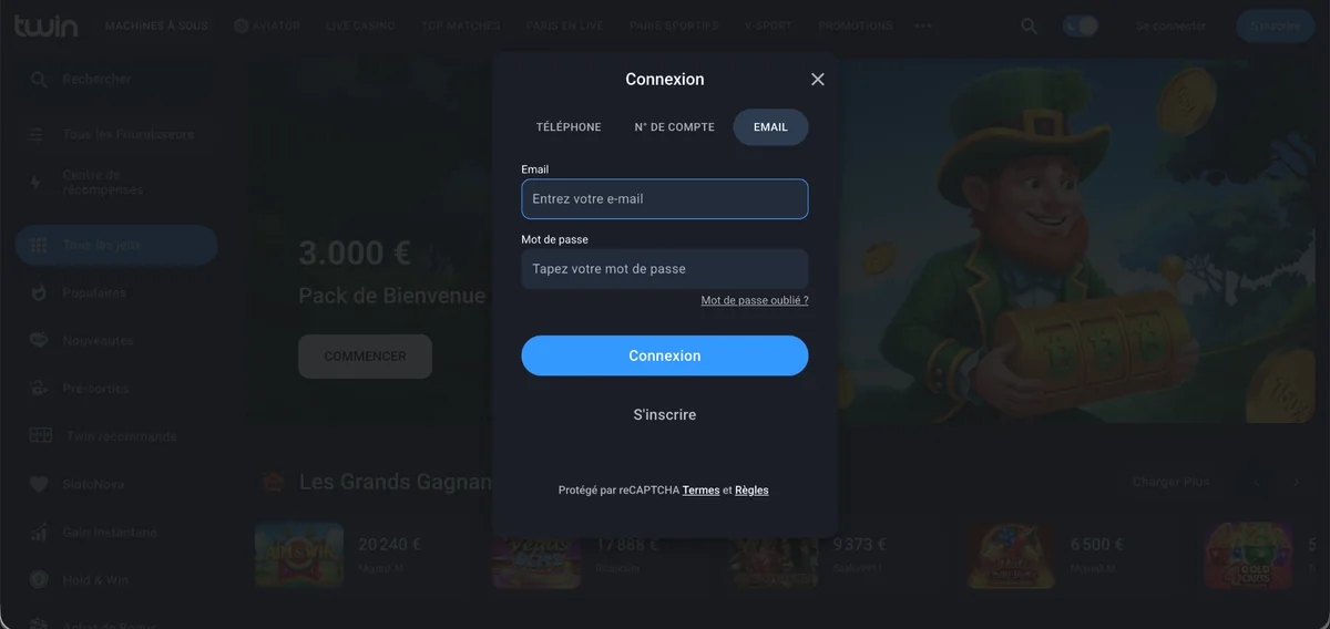 Fenêtre de connexion Twin avec les onglets téléphone, numéro de compte et e-mail