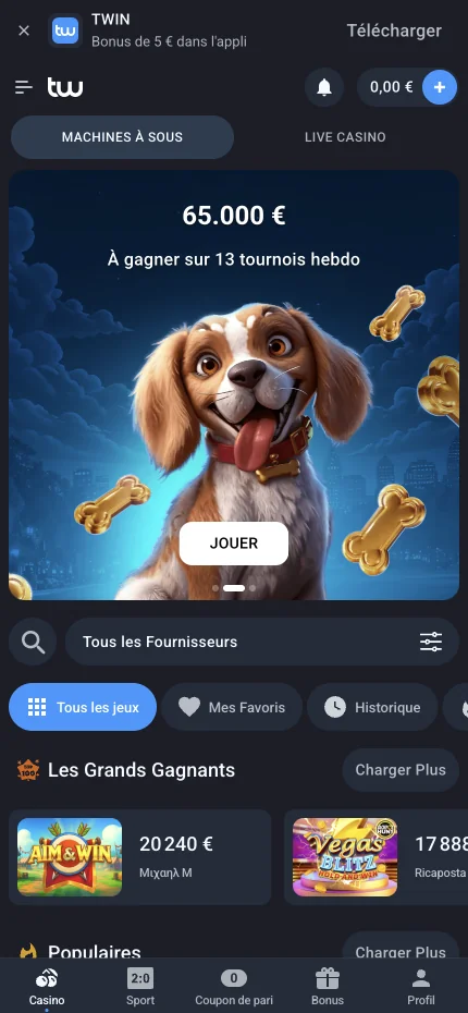 Version mobile de Twin avec le menu du bas et l’accès au profil