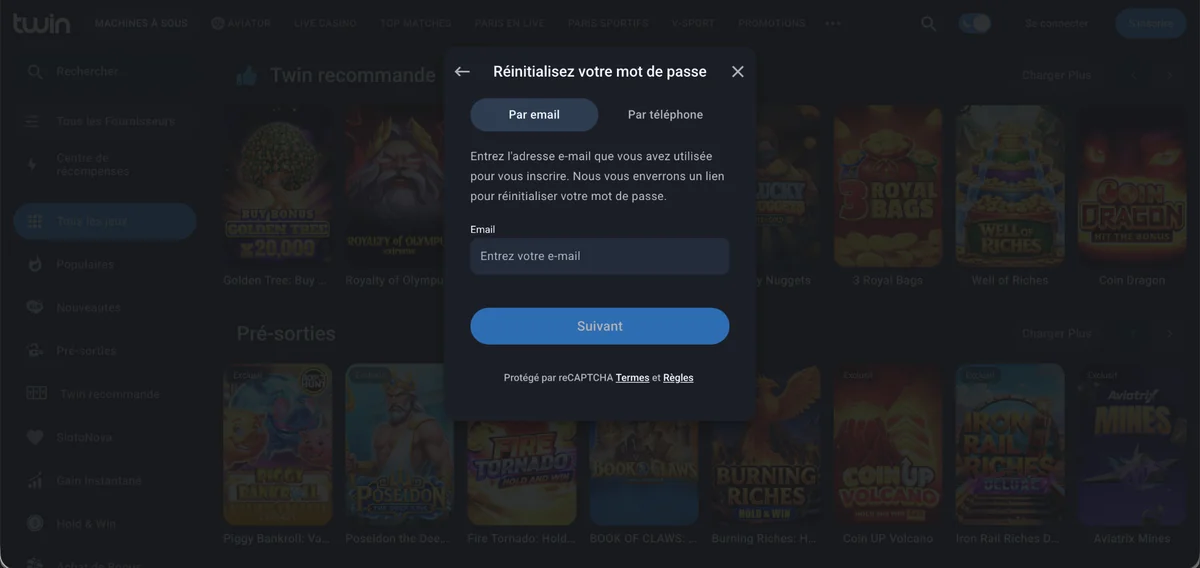 Fenêtre de réinitialisation du mot de passe avec le choix entre e-mail et téléphone