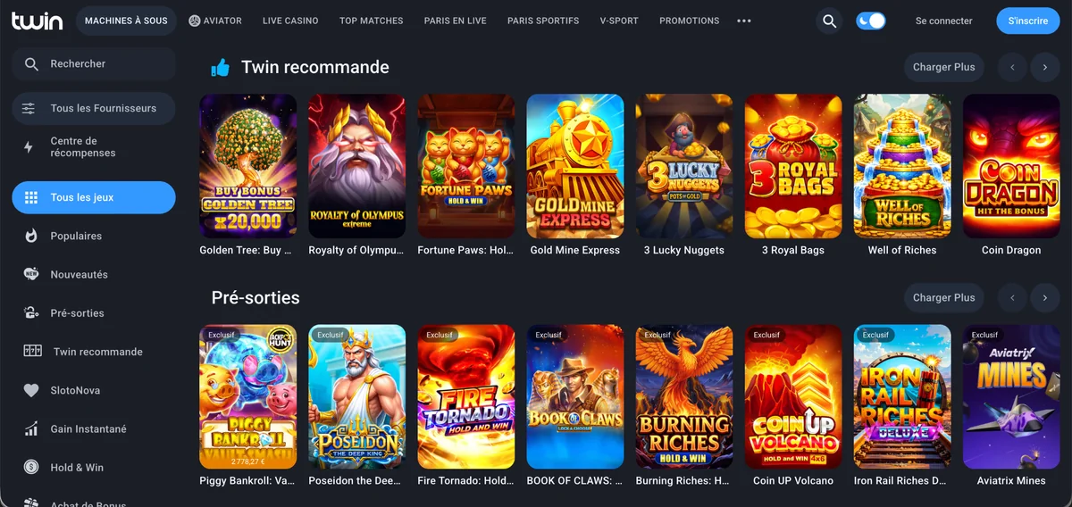 Catalogue de jeux Twin ouvert après la connexion