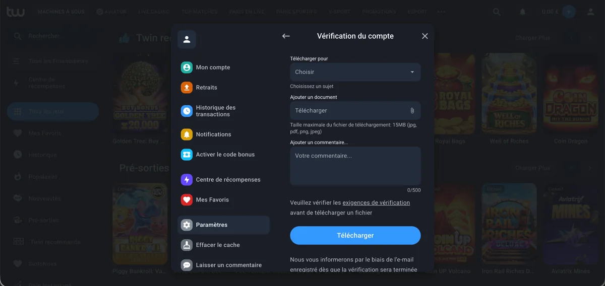 Écran de vérification du compte avec le menu du compte et l’envoi de documents
