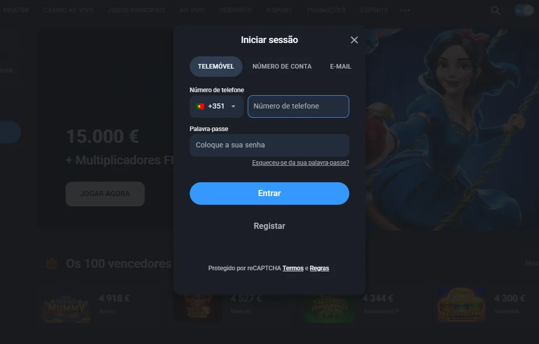 Formulário de início de sessão da Twin com as opções telemóvel, número de conta e e-mail