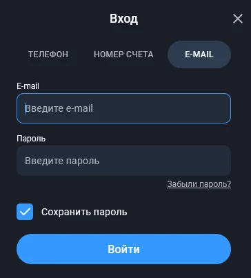 Форма входа Twin с вкладками «Телефон», «Номер счёта» и «E-mail»